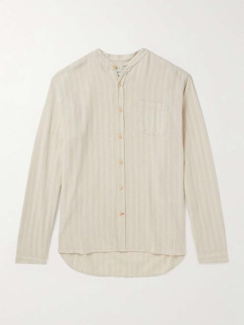 Grandad-Collar Striped Cotton and Linen-Blend Shirt