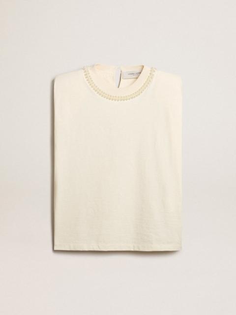 Golden Goose Aged white sleeveless T-shirt with pearl embroidery