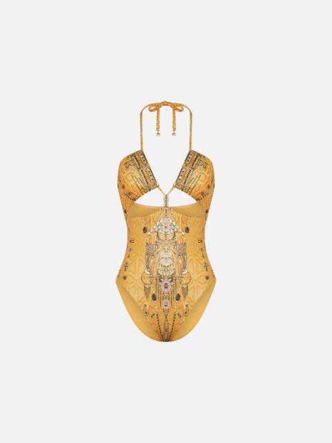 CAMILLA CUT OUT HALTER ONE PIECE WITH TRIM