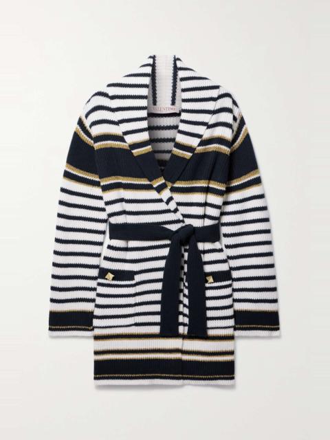 Valentino Belted striped studded metallic intarsia-knit cardigan