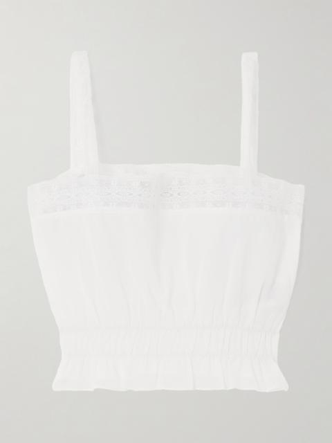 FAITHFULL Camille Cropped Lace-trimmed Shirred Cotton-poplin Top