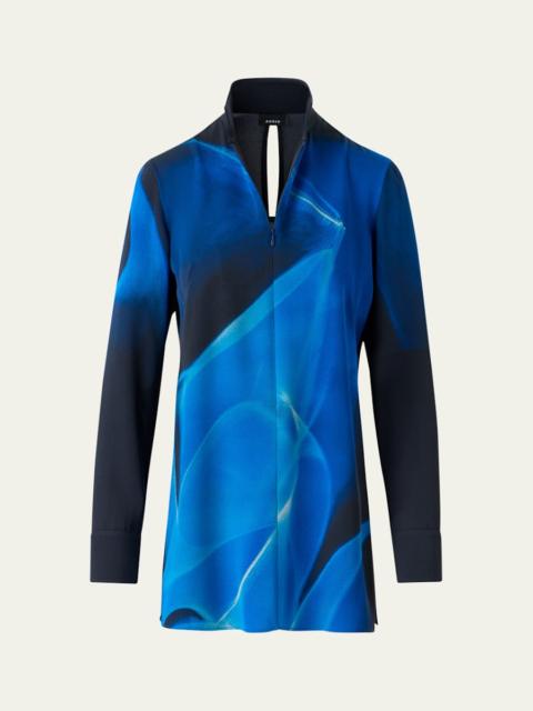 AKRIS Alyson's Cyanotype Printed Mock-Neck Tunic Blouse