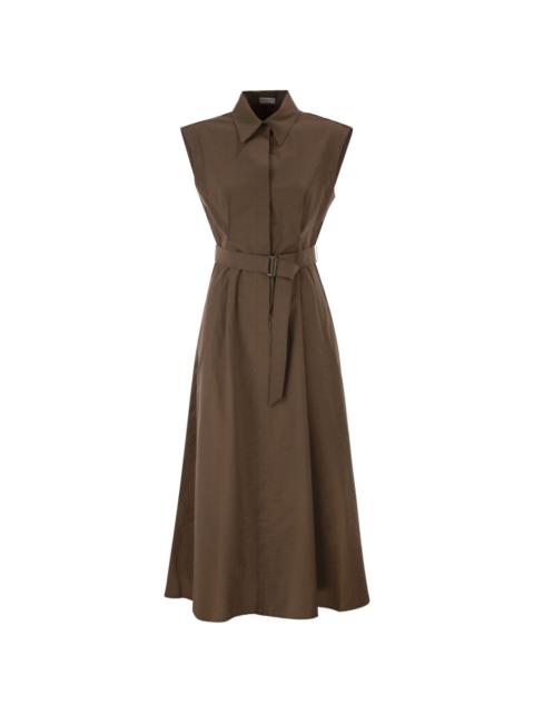 Brunello Cucinelli classic-collar belted sleeveless midi dress