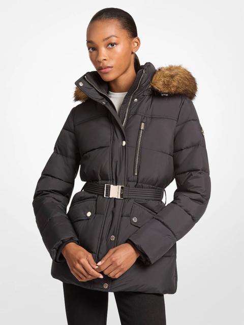 MICHAEL KORS Faux Fur Trim Belted Puffer Jacket