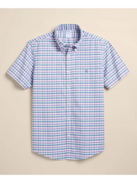 Brooks Brothers Stretch Cotton Non-Iron Oxford Polo Button Down, Multi-Grid Short Sleeve Sport Shirt