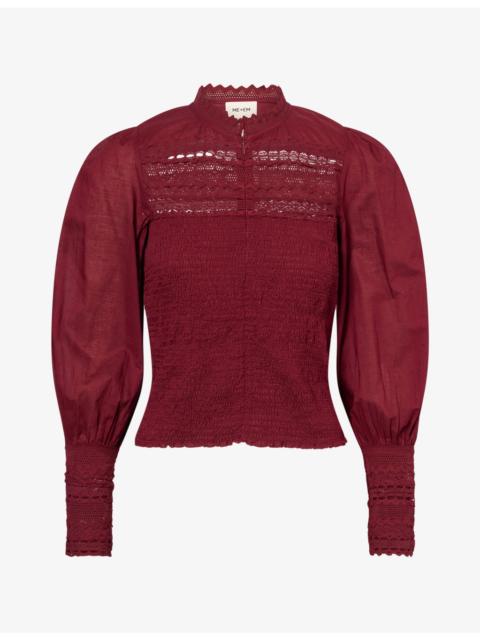 ME+EM Shirred Lace-Trim Cotton Blouson Top