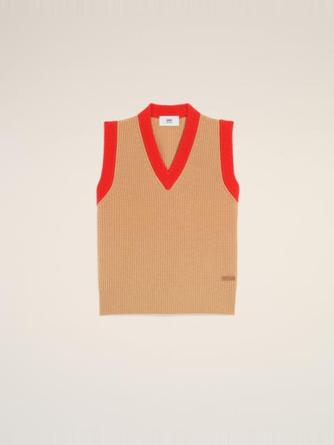 AMI Paris BROWN WOOL SLEEVELESS V NECK SWEATER