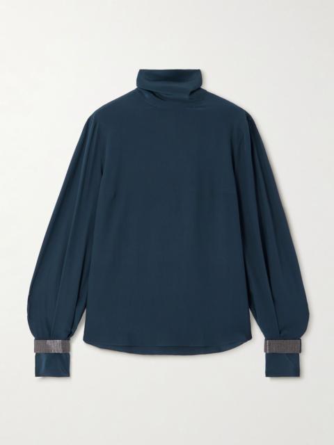 Brunello Cucinelli Bead-embellished silk crepe de chine turtleneck blouse Navy