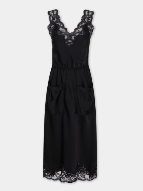 rabanne MIDI DRESS IN BLACK SILK SATIN WITH LACE DETAILING