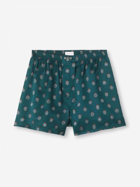 Derek Rose Men's Classic Fit Boxers Silk Satin Green Badge Print