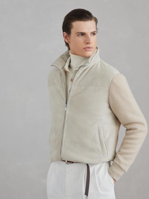 Suede bomber jacket with cashmere knit sleeves and Thermore® padding