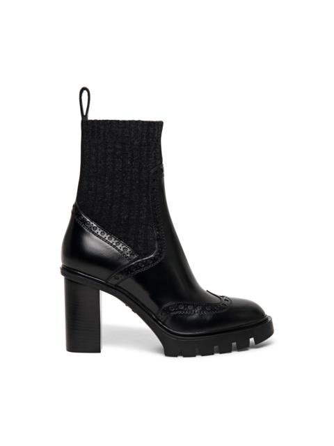 Women’s black leather mid-heel brogue sock boot