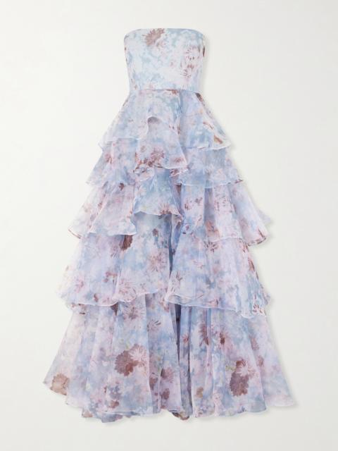 Aje. Gabrielle Strapless Tiered Ruffled Floral-print Linen-blend Organza Gown