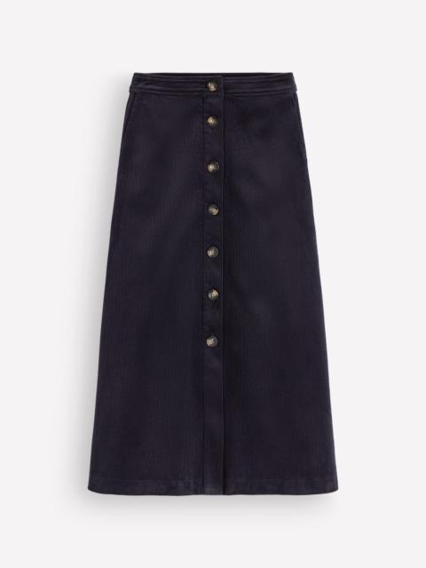 BODEN Val Button Cord Midi Skirt-Navy