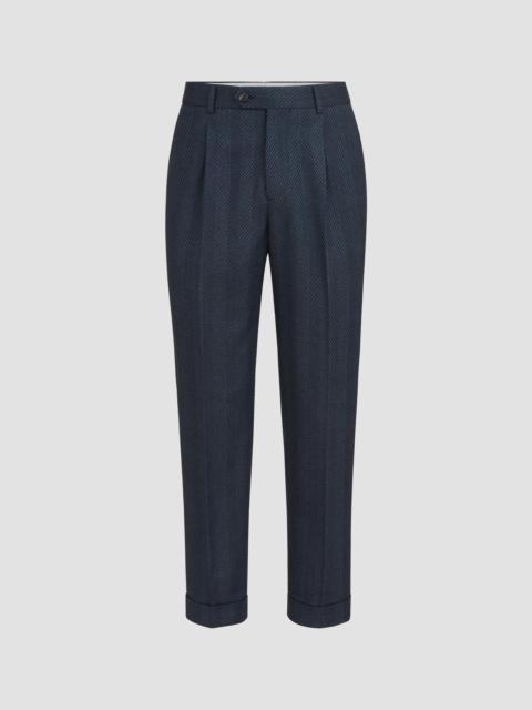 Brunello Cucinelli Men's Cashmere and Silk Chevron Flannel Trousers with Pleat - Navy Blue