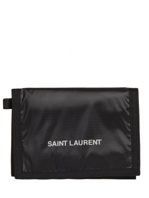 SAINT LAURENT Black Nuxx chain wallet in nylon with velcro closure and logo printed on the front.