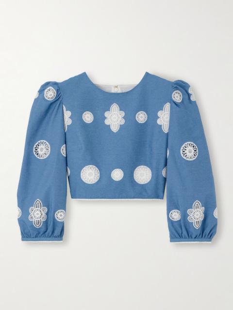 BORGO DE NOR Crocheted lace-trimmed chambray top Blue