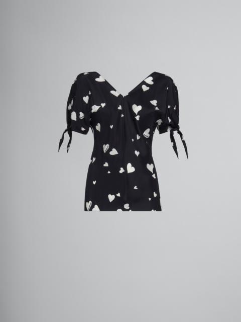 BLACK SILK BOW-SLEEVE TOP WITH BUNCH OF HEARTS PRINT