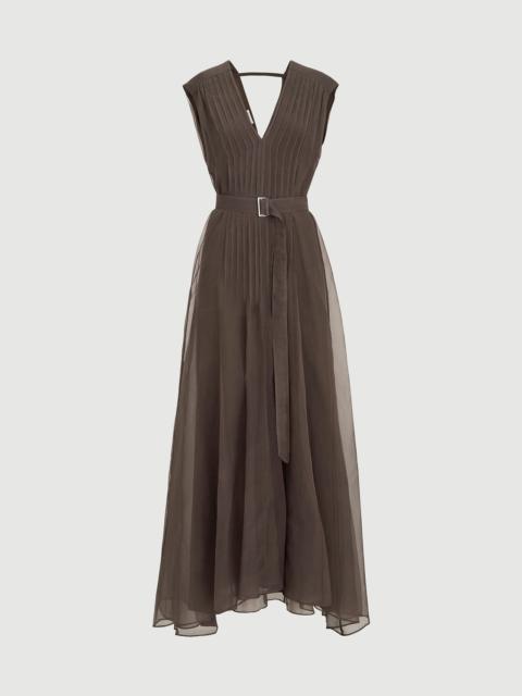 Brunello Cucinelli Crispy silk belted dress with pleated detail and precious strap