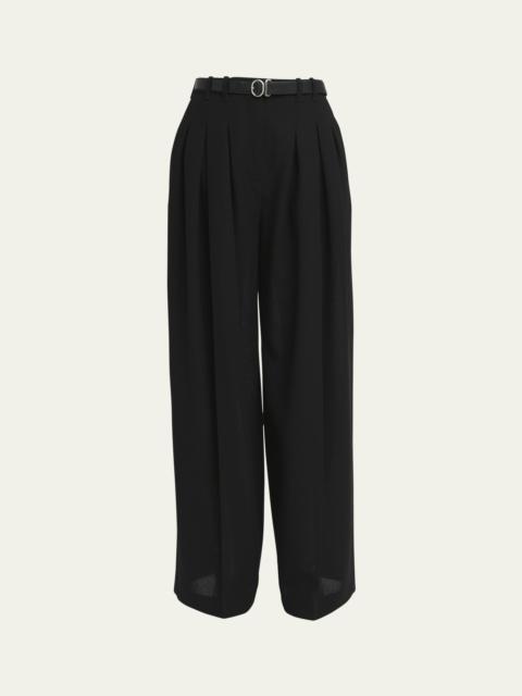 Pintuck Wide Leg Wool Trousers