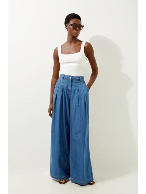 KAREN MILLEN Tailored Chambray Denim Wide Leg Pleated Trousers