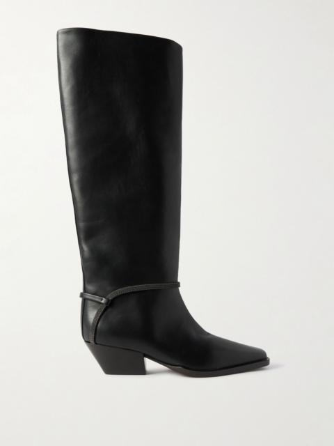 Brunello Cucinelli Bead-embellished leather knee boots Black