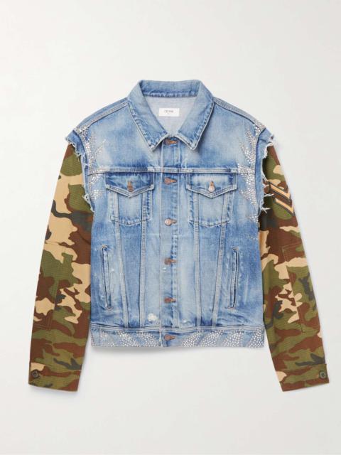 Embellished Distressed Denim and Camouflage-Print Ripstop Jacket