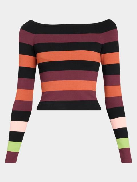 CHRISTOPHER JOHN ROGERS Colorblock Striped Knit Long-Sleeve Boat-Neck Top