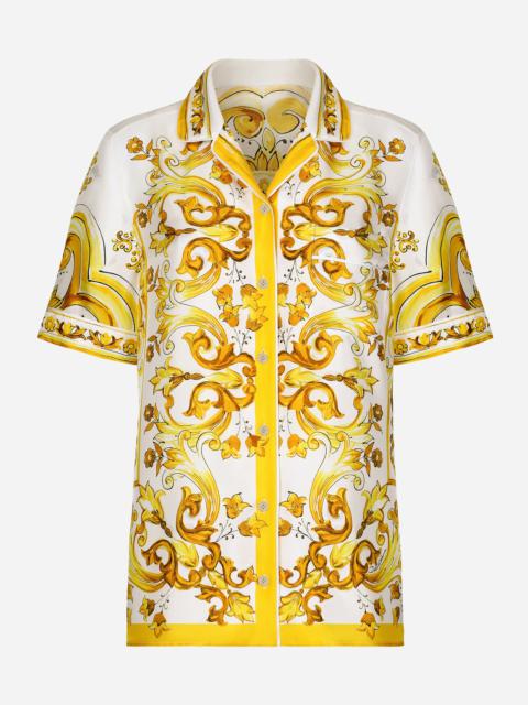 Dolce & Gabbana Short-sleeved silk twill shirt with majolica print