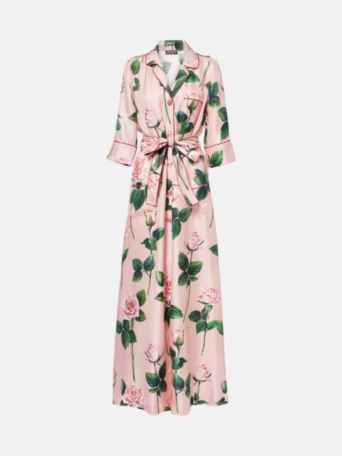 Floral belted silk satin maxi dress