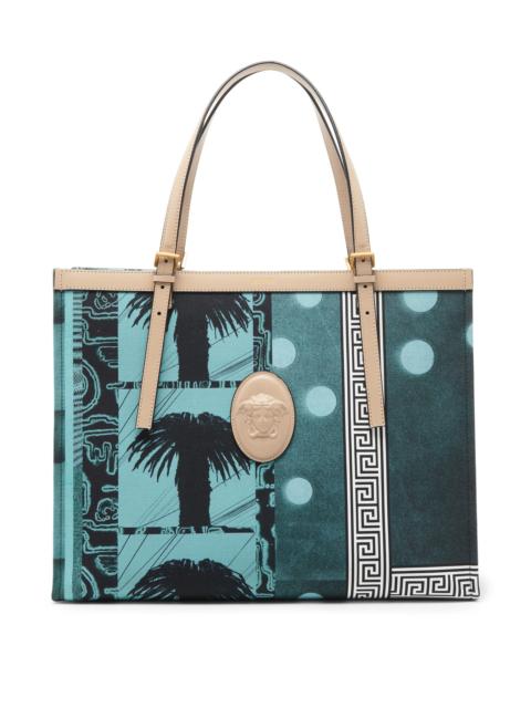 VERSACE Women's Large Palm-Print Medusa Logo Tote Bag - Light Teal Dove Grey Gold