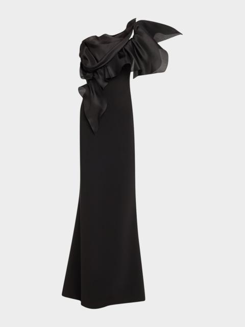 Marchesa One-Shoulder Ruffle Stretch Crepe Gown