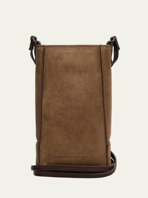 Brunello Cucinelli Mini Suede Phone Crossbody Bag with Monili Beading