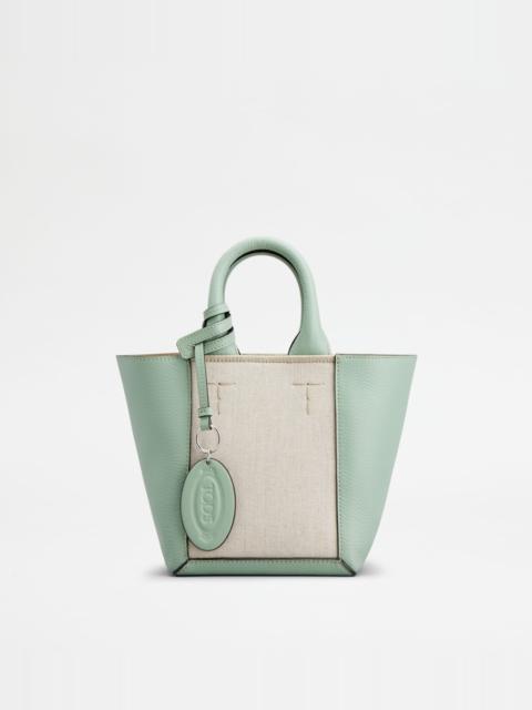 Tod's TOD'S DOUBLE UP SHOPPING BAG IN LEATHER AND CANVAS MINI - BEIGE, GREEN