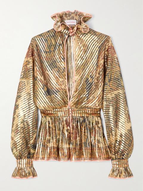 Valentino Satin-trimmed Cutout Ruffled Metallic Printed Silk-blend Chiffon Blouse