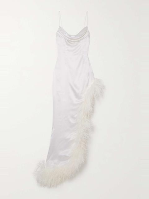 Alessandra Rich Asymmetric feather-trimmed silk-georgette gown