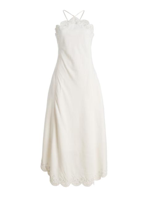 SIMKHAI Gillian Embroidered Linen-Blend Midi Dress white