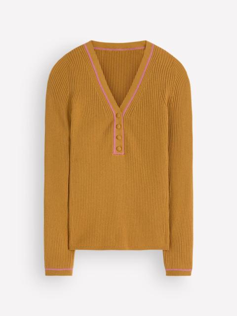 BODEN Paula Ribbed V Neck Jumper-Gold Wheat