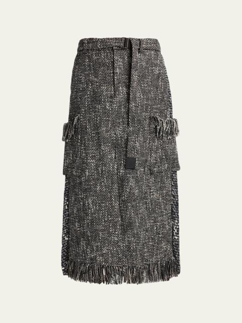 sacai Mixed-Media Tweed Belted Midi Skirt