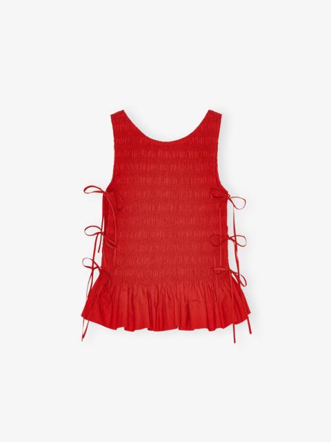 GANNI RED COTTON SMOCK TIE TOP