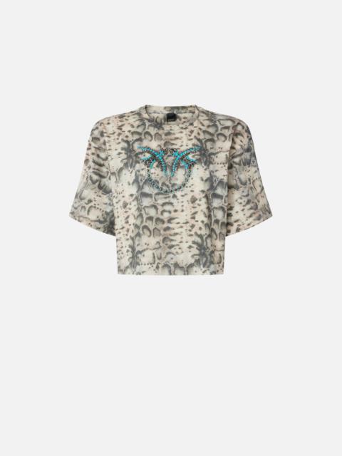 PINKO CROPPED T-SHIRT WITH SNAKE PRINT AND LOVE BIRDS