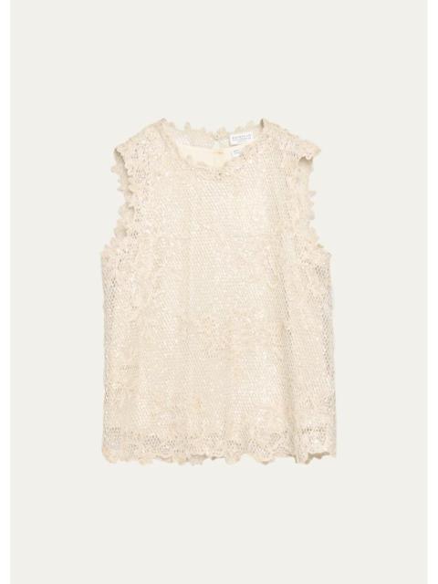 Brunello Cucinelli Mohair Lace Embroidered Shimmering Net Sleeveless Top