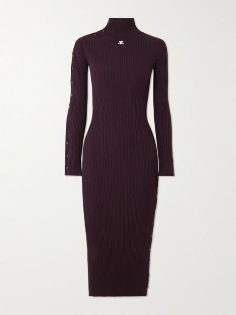 courrèges Embroidered ribbed-knit turtleneck midi dress Burgundy