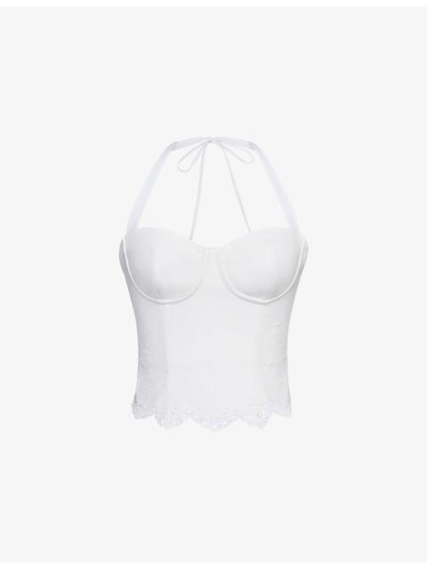 House of CB Zizi Halter-Neck Broderie Stretch-Cotton Corset Top