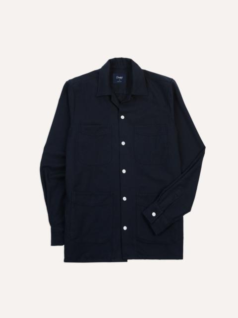 Drake's Navy Wool Four-Pocket Camp Collar Work Shirt