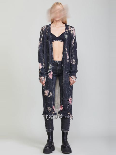 R13 DISTRESSED LONG CARDIGAN - FLORAL ON BLACK