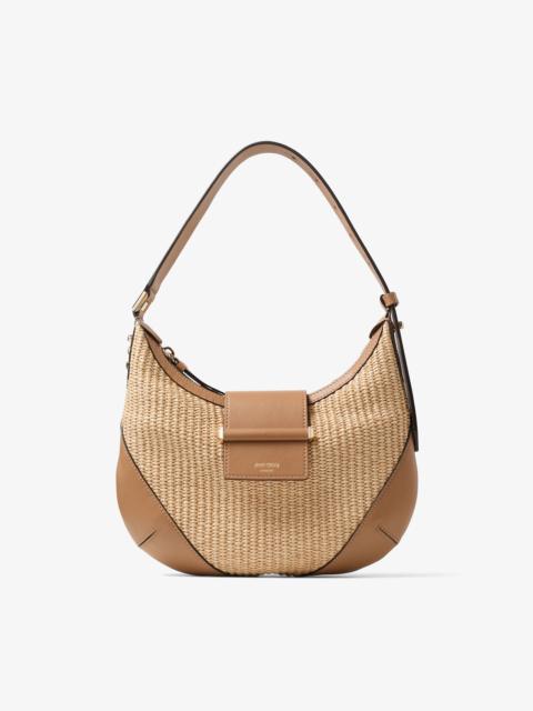 JIMMY CHOO Bar Hobo Small Natural and Toffee Raffia Shoulder Bag with Smooth Calf Leather Trim