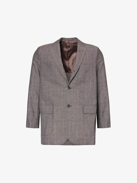 Plaid-patterned single-breasted wool and linen-blend blazer