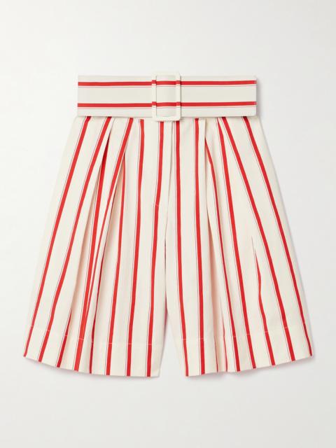ROSIE ASSOULIN Belted Pleated Striped Herringbone Cotton-blend Shorts