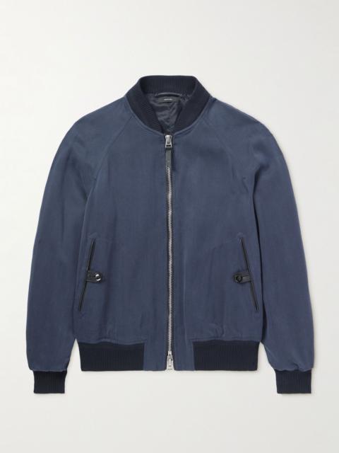 TOM FORD Leather-Trimmed Lyocell-Twill Bomber Jacket Blue